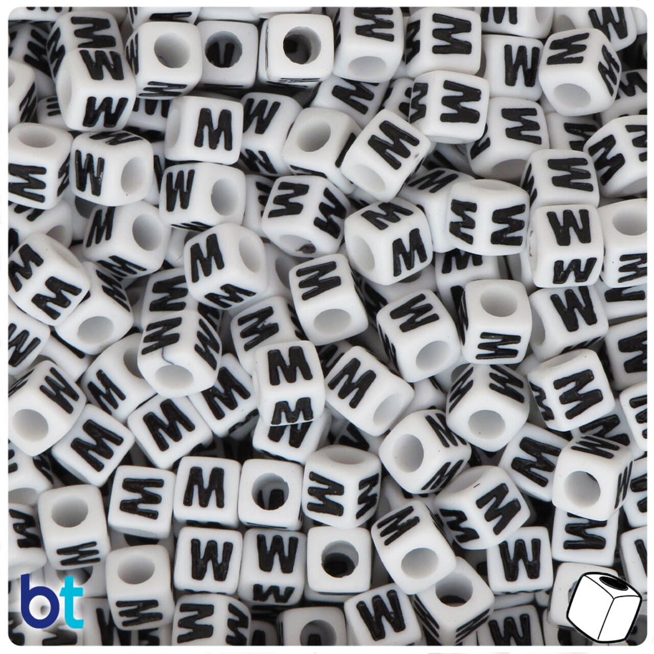BeadTin White Opaque 7mm Cube Plastic Alpha Beads - Black Letter W (75pcs)
